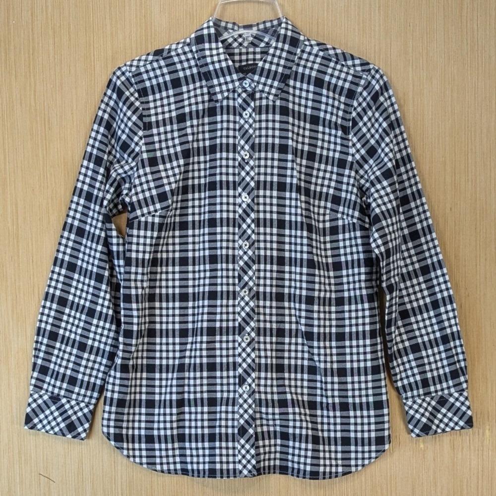 Talbots Womens Preppy Minimalist Metallic Festive Plaid Shirt Size S Black White